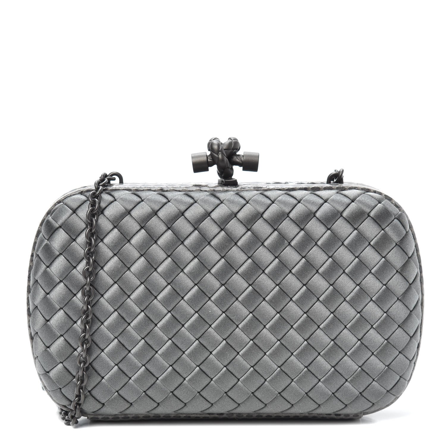 Bottega Veneta Satin Ayers Intrecciato Chain Knot Clutch Grey 1 of 9
