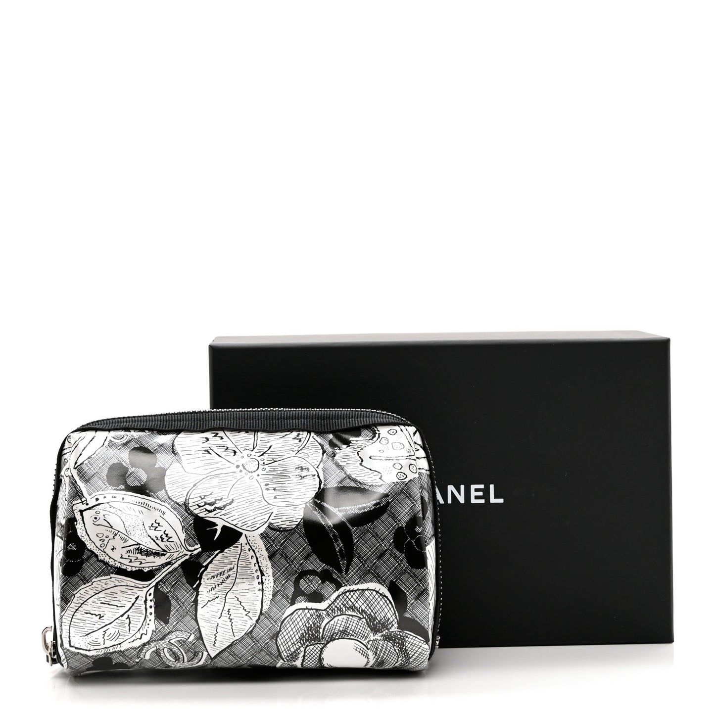 Coated Canvas Lambskin Camellia Cosmetic Pouch Black White