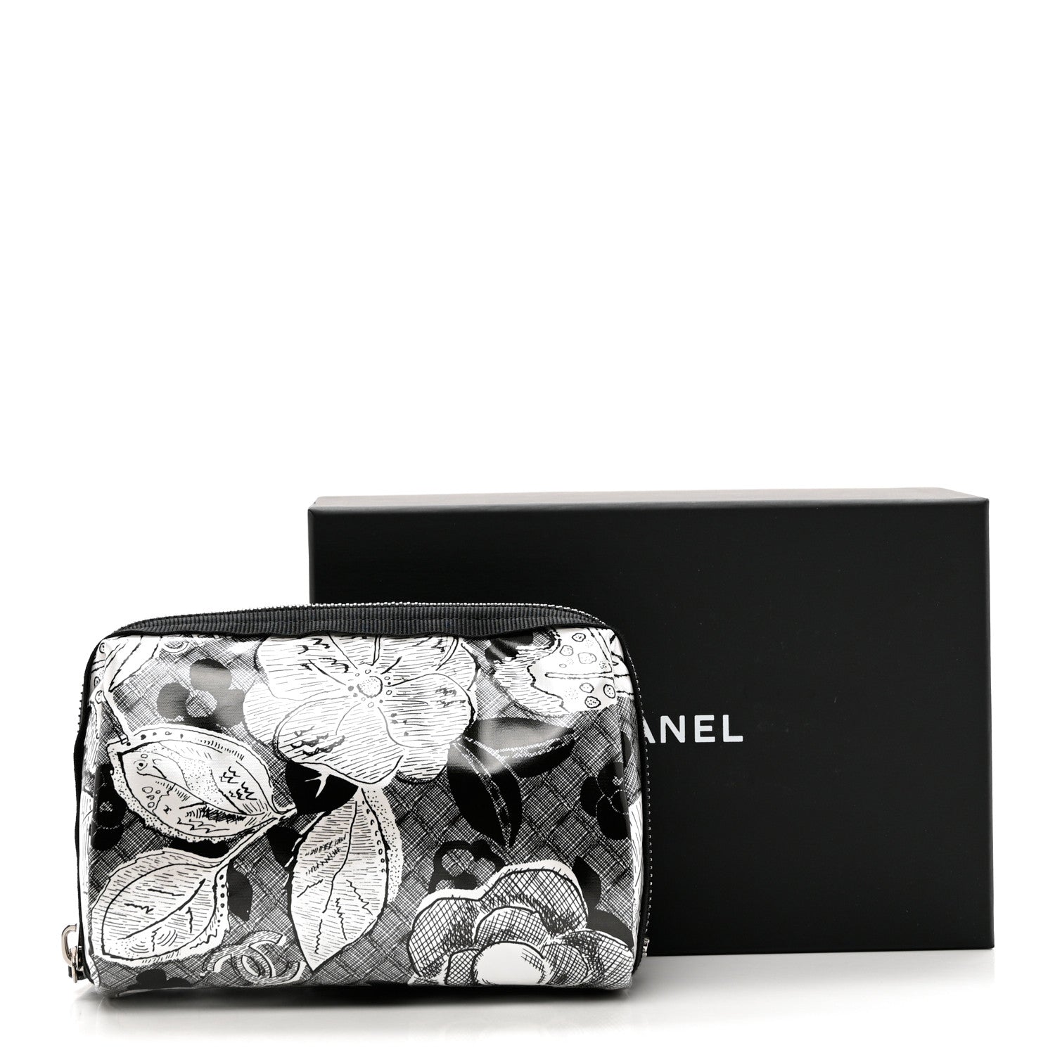 Chanel Coated Canvas Lambskin Camellia Cosmetic Pouch Black White 9 of 9