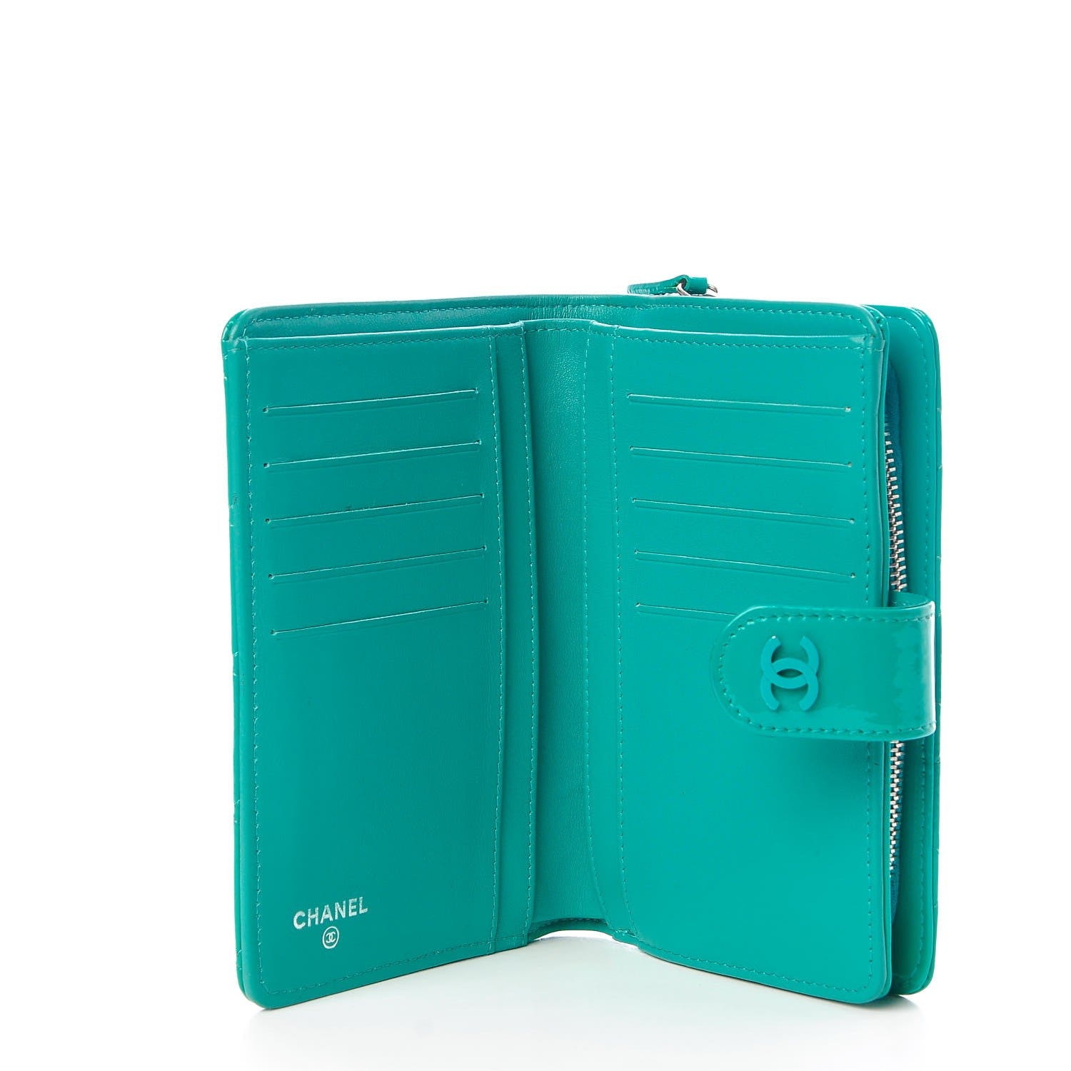 Chanel Patent Quilted Zip Pocket Wallet Turquoise 5 of 28