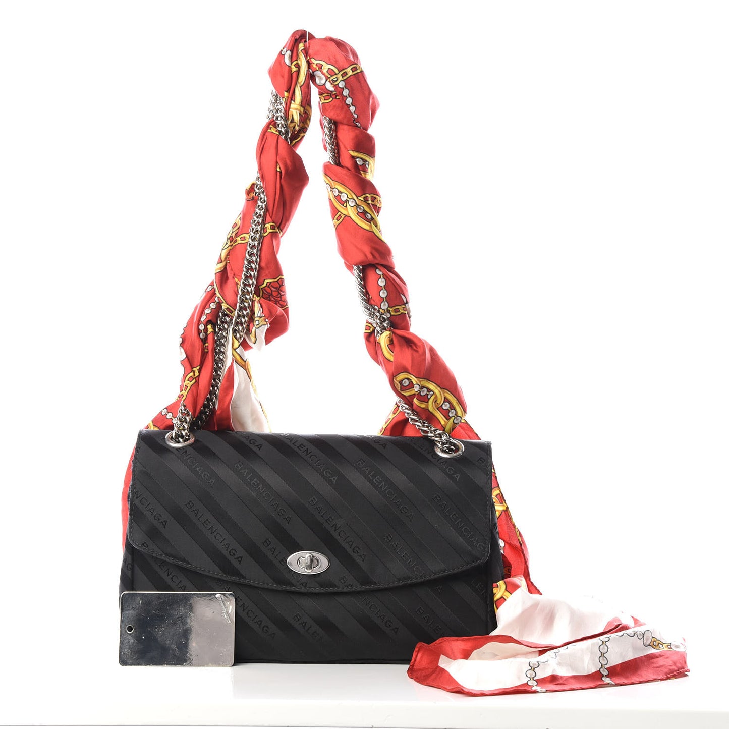 Nylon Jacquard Diagonal Logo Medium Scarf Lock Chain Shoulder Bag Black Red