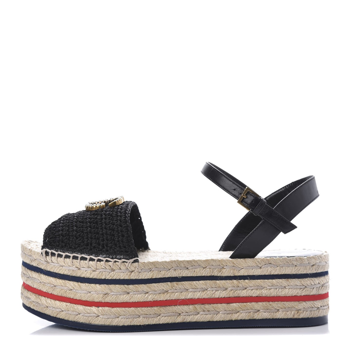 Cotton Malaga Kid Crochet Pearly GG Lilibeth Espadrille Platform Sandals 38.5 Black