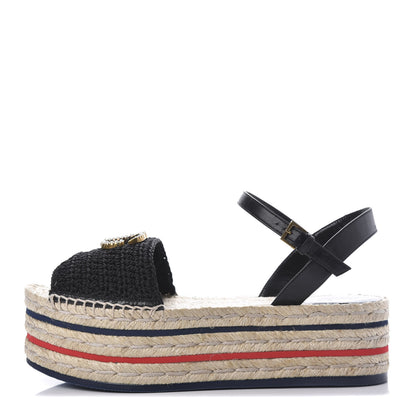 Gucci Cotton Malaga Kid Crochet Pearly GG Lilibeth Espadrille Platform Sandals 38.5 Black 1 of 12