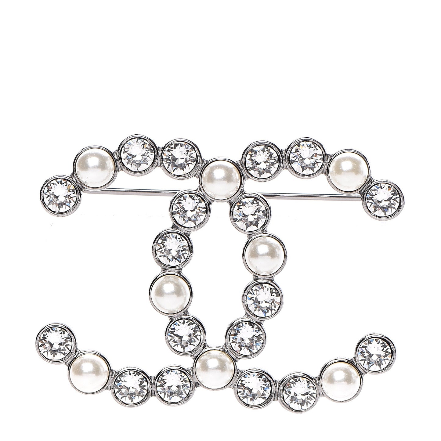 Pearl Crystal CC Brooch Silver