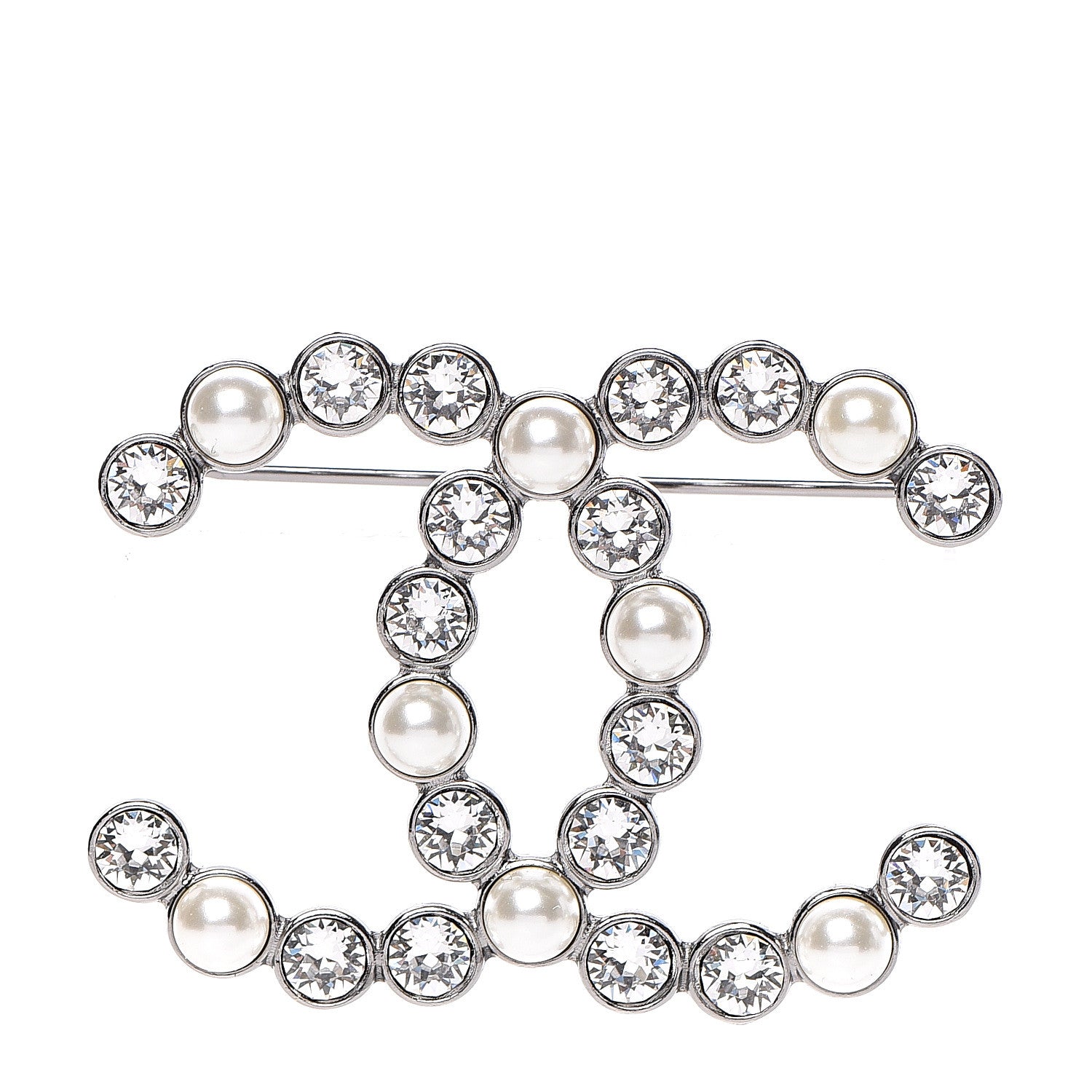 Chanel Pearl Crystal CC Brooch Silver 1 of 4