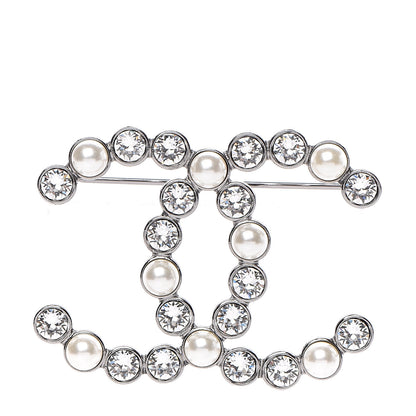 Chanel Pearl Crystal CC Brooch Silver 1 of 4