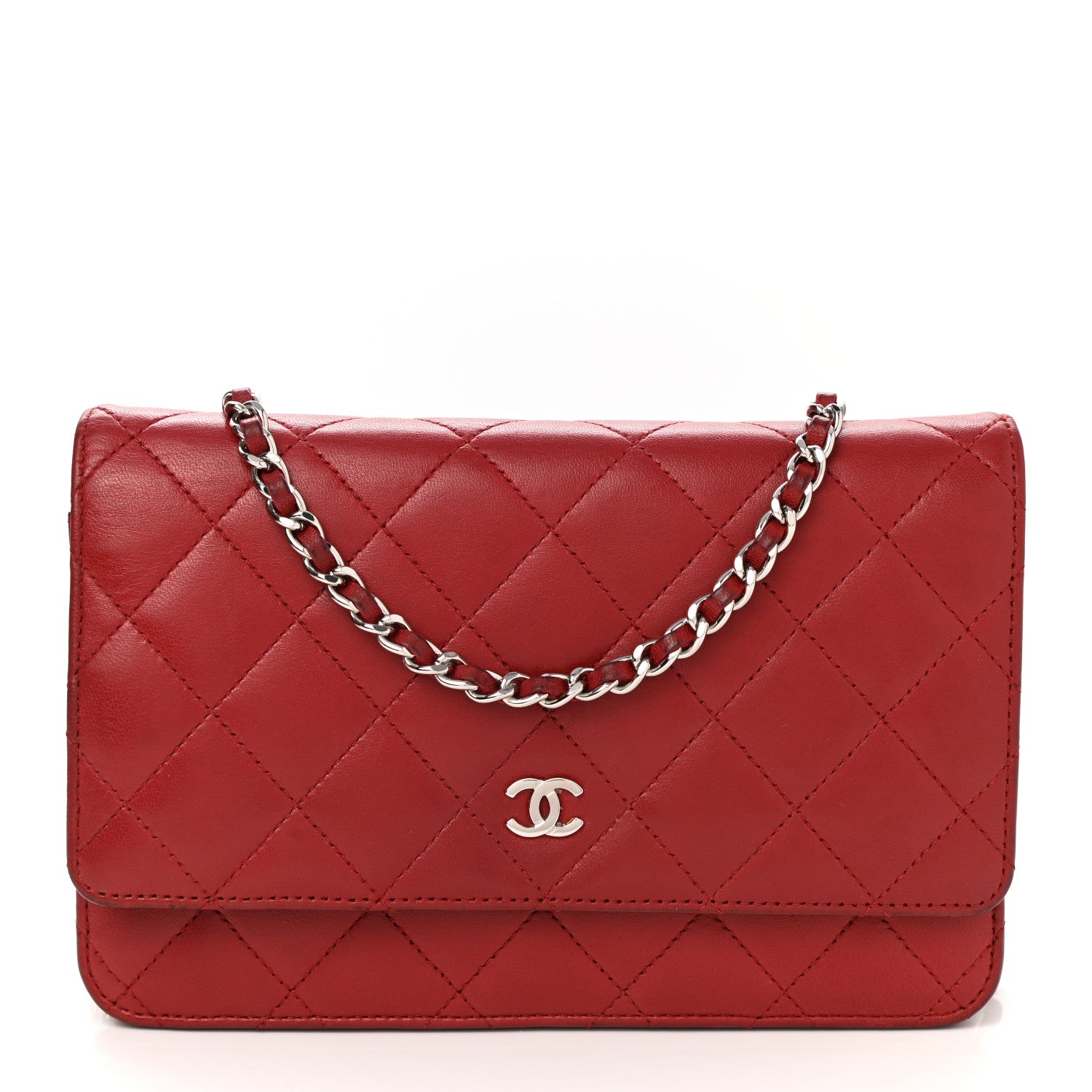 Chanel Lambskin Quilted Wallet On Chain WOC Red 1 of 14