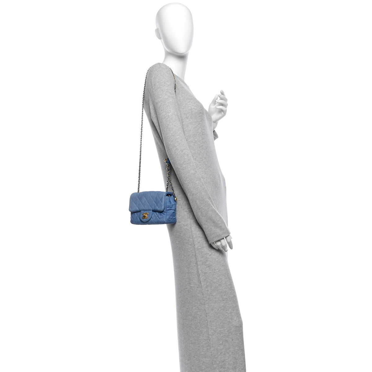 Denim Quilted Mini Pearl Crush Flap Blue