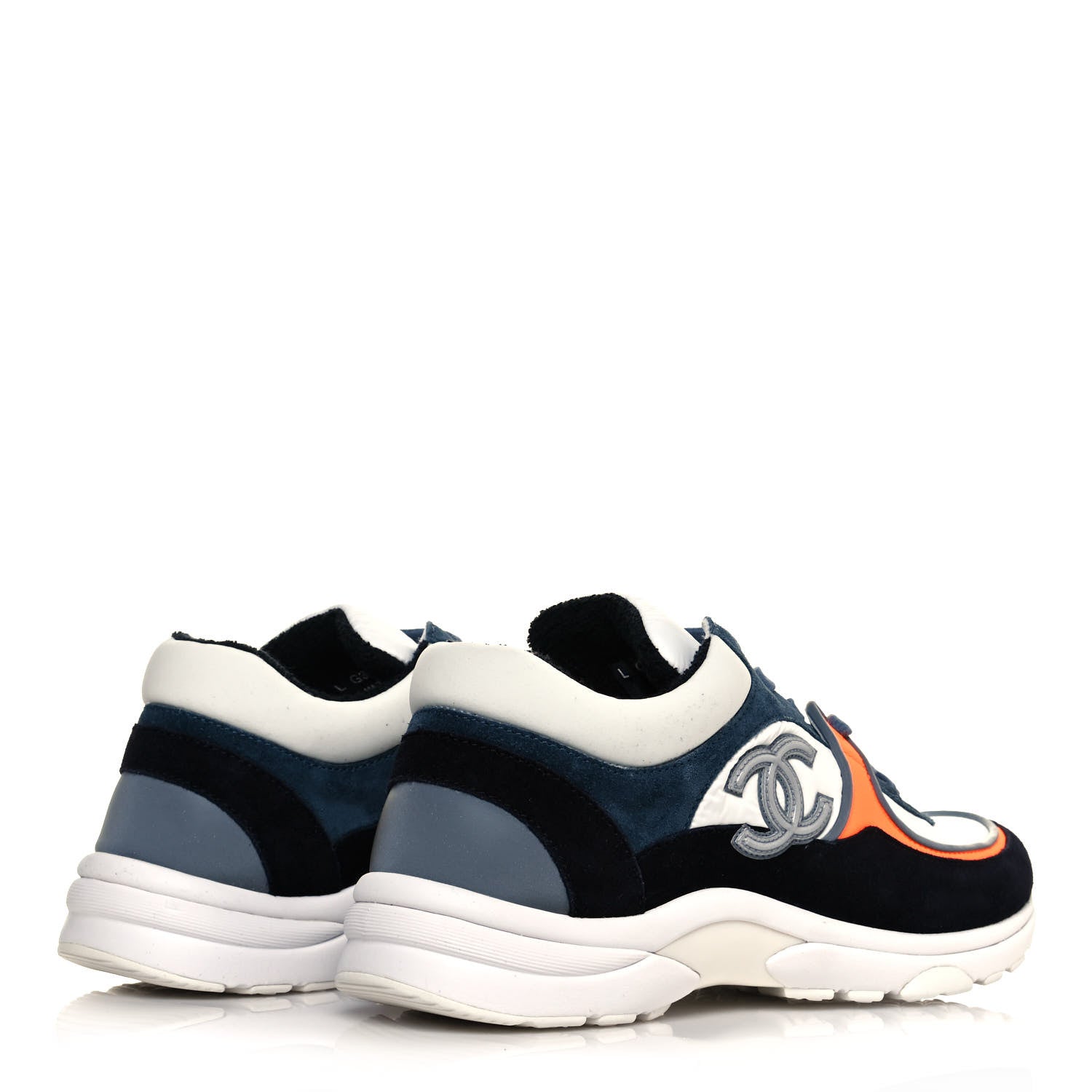 Chanel Nylon Calfskin Suede CC Womens Sneakers 35.5 Navy White Orange 4 of 8