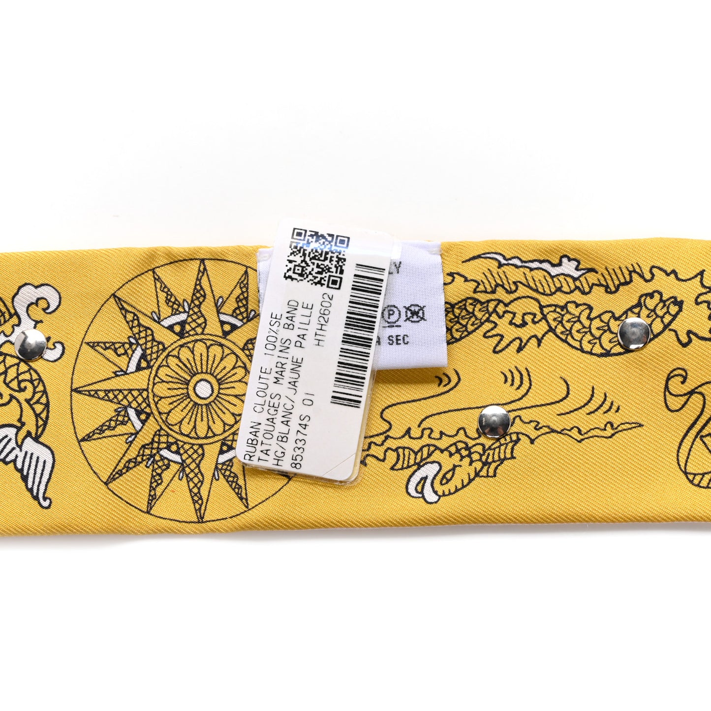 Silk Studded Tatouages Marins Bandana Twilly Blanc Jaune Paille Noir