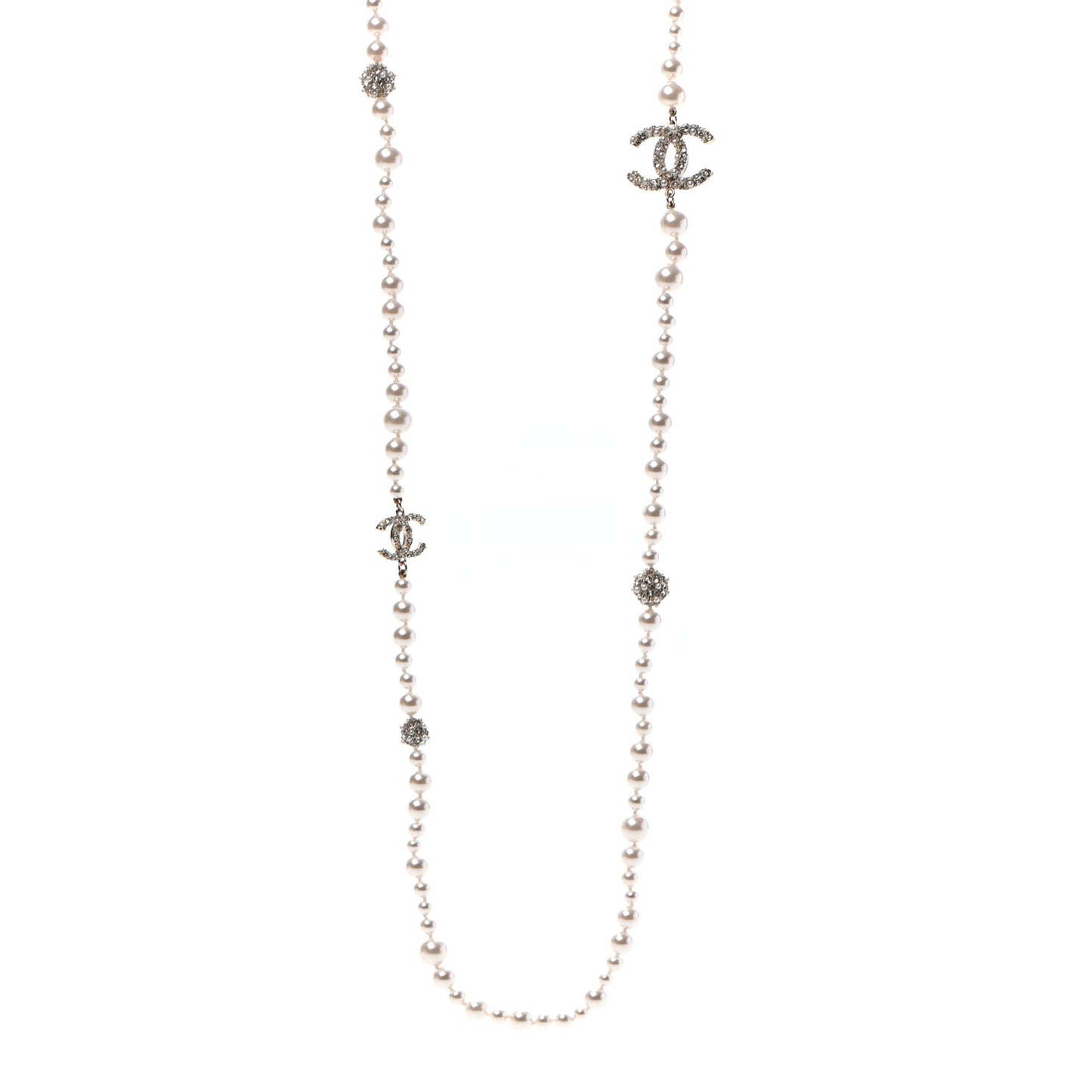 Pearl Baguette Crystal CC Long Necklace Silver