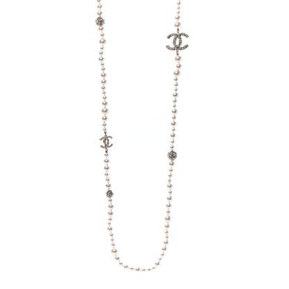 Chanel Pearl Baguette Crystal CC Long Necklace Silver 1 of 5