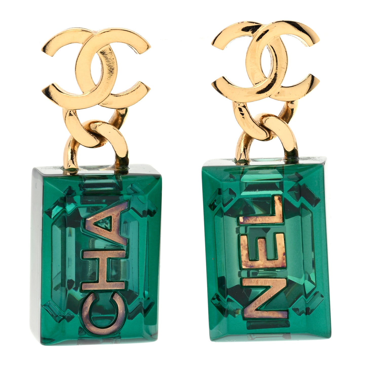 Resin Logo Drop Earrings Green Gold