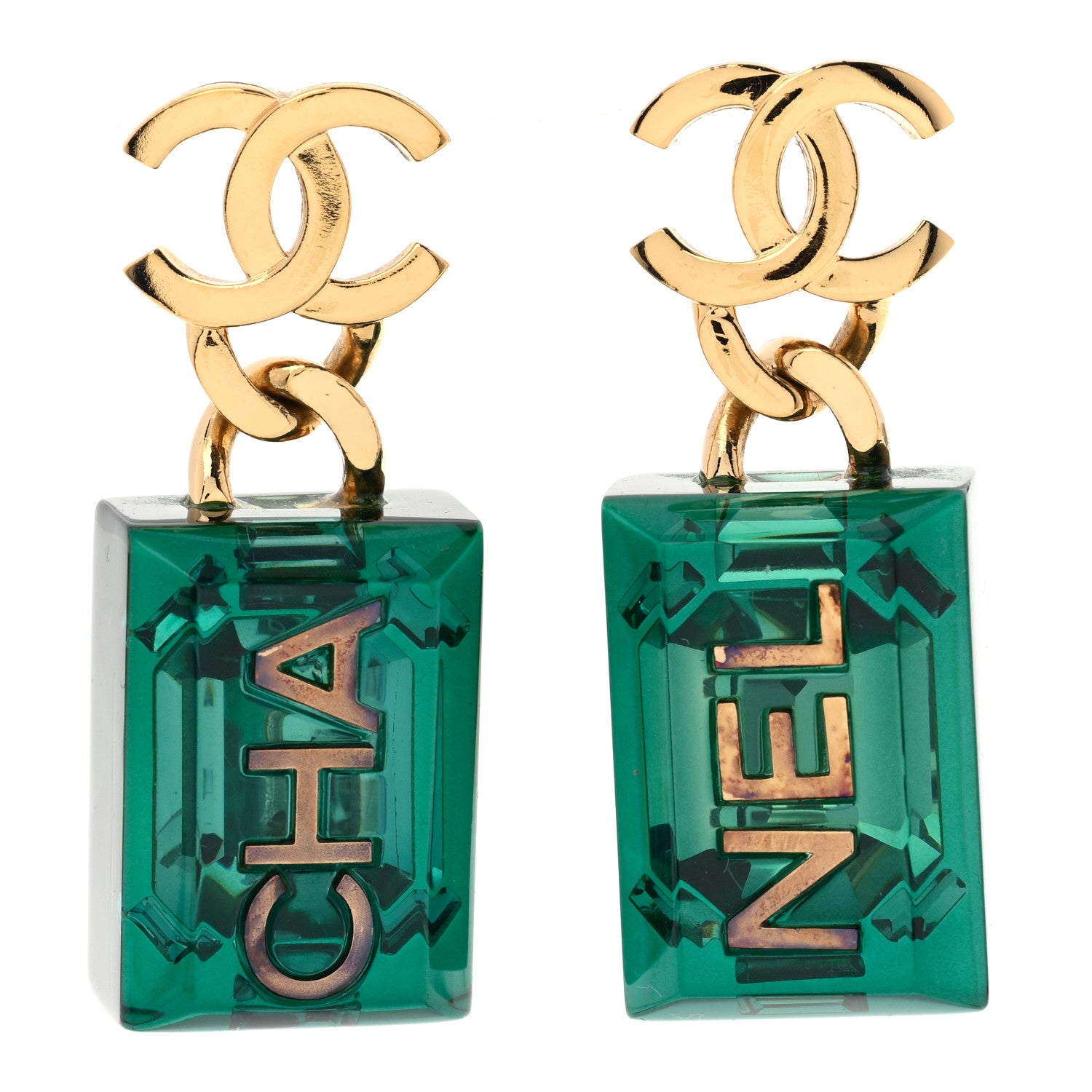 Chanel Resin Logo Drop Earrings Green Gold 1 of 5