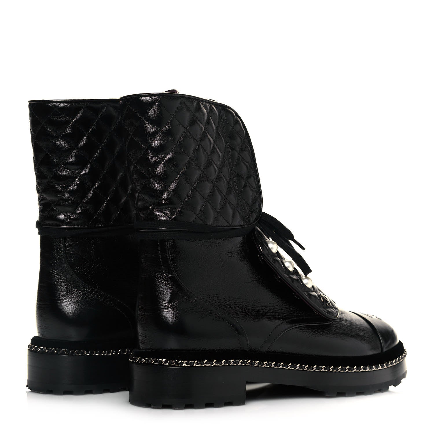 Chanel Crackled Calfskin Velvet Pearl Combat Ankle Boots 39.5 Black 4 of 8