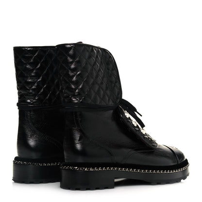 Chanel Crackled Calfskin Velvet Pearl Combat Ankle Boots 39.5 Black 4 of 8
