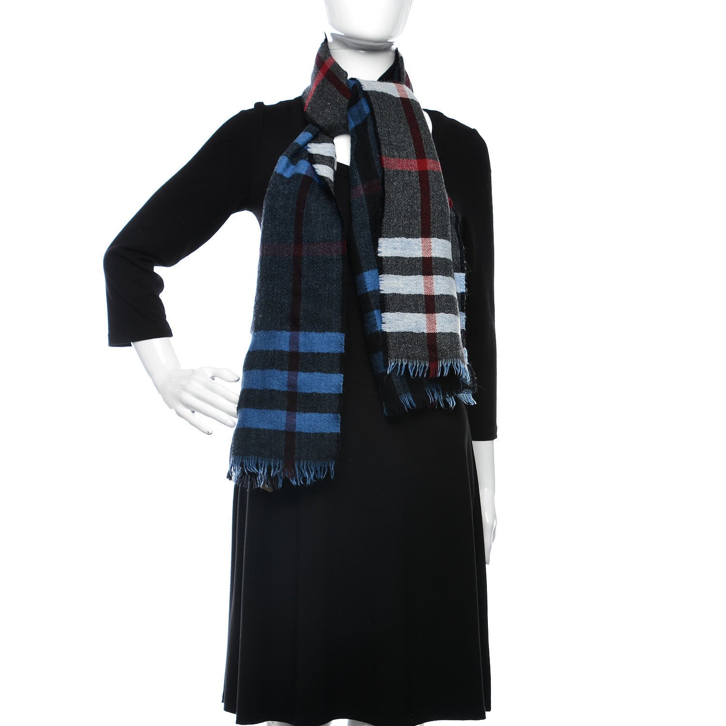 Wool Reversible Color Check Scarf Blue Stone
