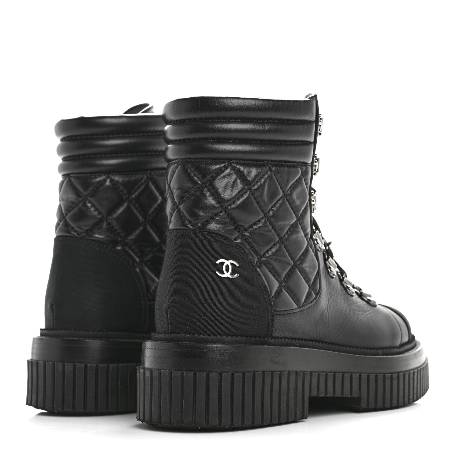 Chanel Calfskin Grosgrain Quilted Lace Up Boots 35.5 Black Grey 5 of 9