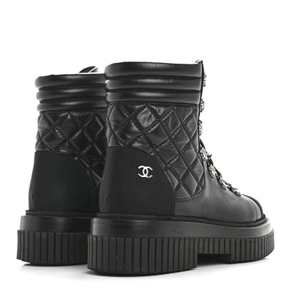 Chanel Calfskin Grosgrain Quilted Lace Up Boots 35.5 Black Grey 5 of 9