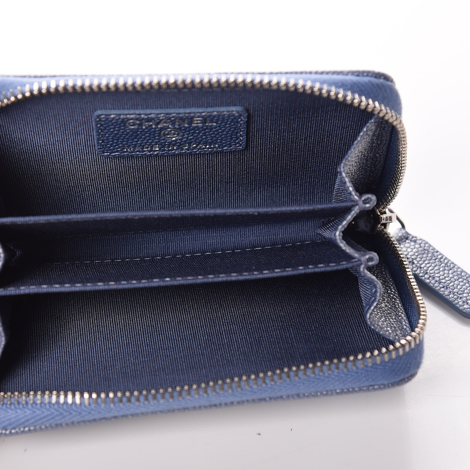 Chanel Metallic Caviar Chevron Quilted Vintage Mademoiselle Zip Coin Purse Light Blue 5 of 10