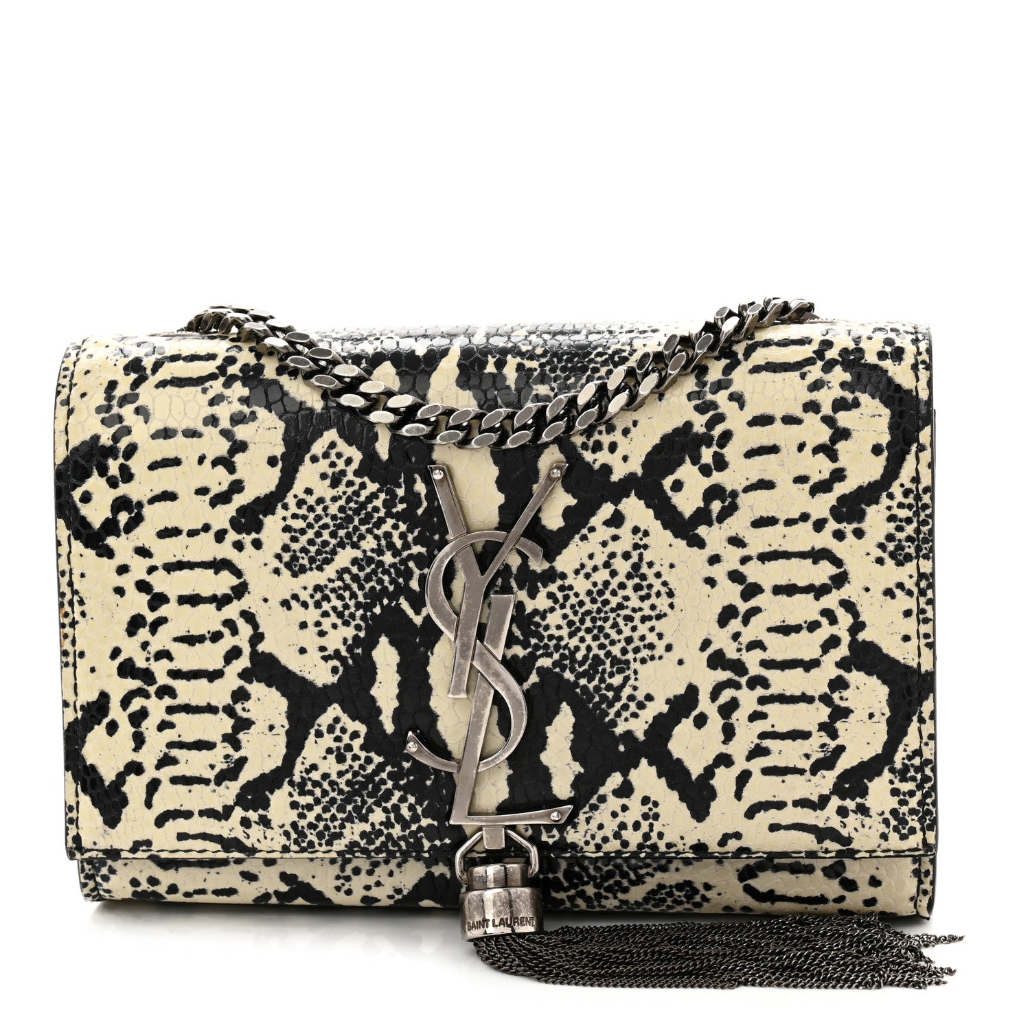 Saint Laurent Calfskin Snakeskin Embossed Small Classic Monogram Kate Tassel Satchel White Black 1 of 9