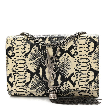 Saint Laurent Calfskin Snakeskin Embossed Small Classic Monogram Kate Tassel Satchel White Black 1 of 9