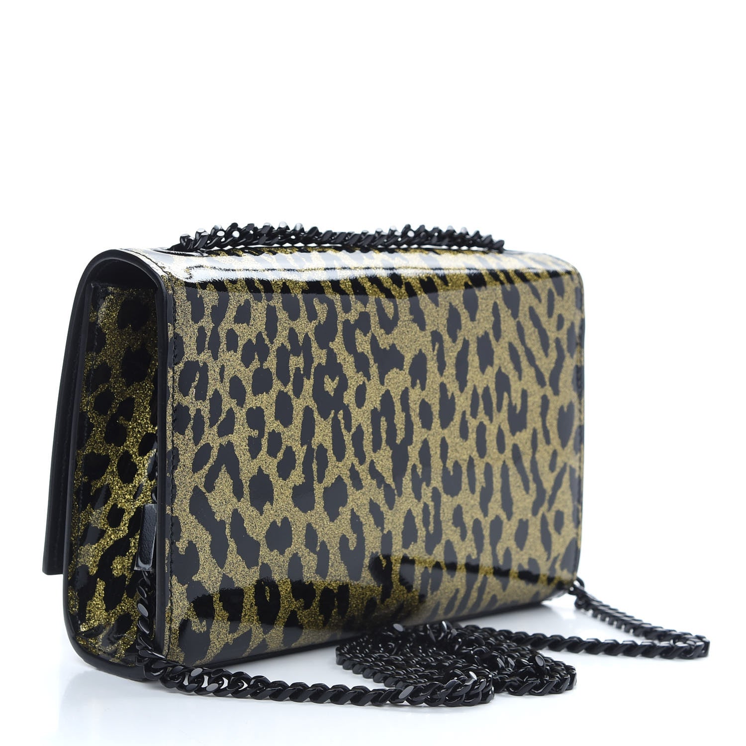 Saint Laurent Patent Glitter Leopard Small Classic Monogram Kate Chain Wallet Black Gold 3 of 8