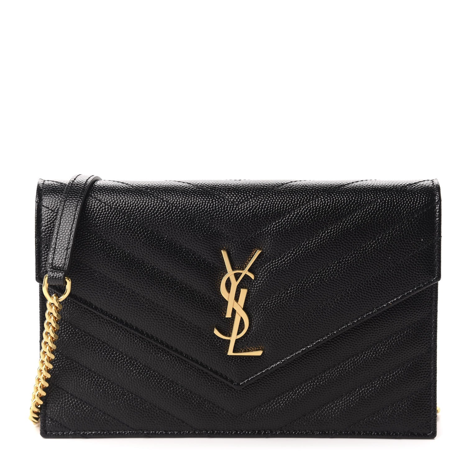 Saint Laurent Grain De Poudre Matelasse Chevron Monogram Envelope Chain Wallet Black 1 of 11