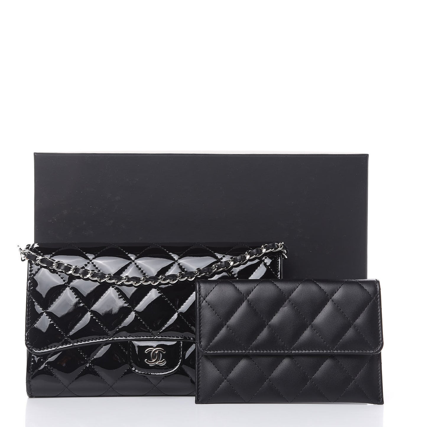 Patent Quilted Wallet On Removable Chain Black