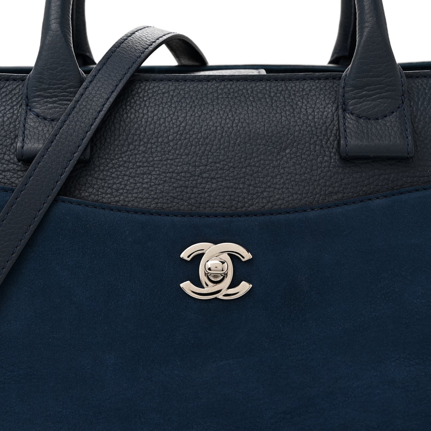 Grained Calfskin Suede Neo Executive Shopper Tote Navy Blue