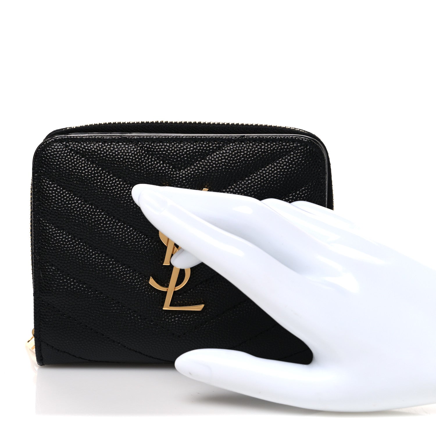 Saint Laurent Grain De Poudre Matelasse Chevron Monogram Compact Zip Around Wallet Black 2 of 8
