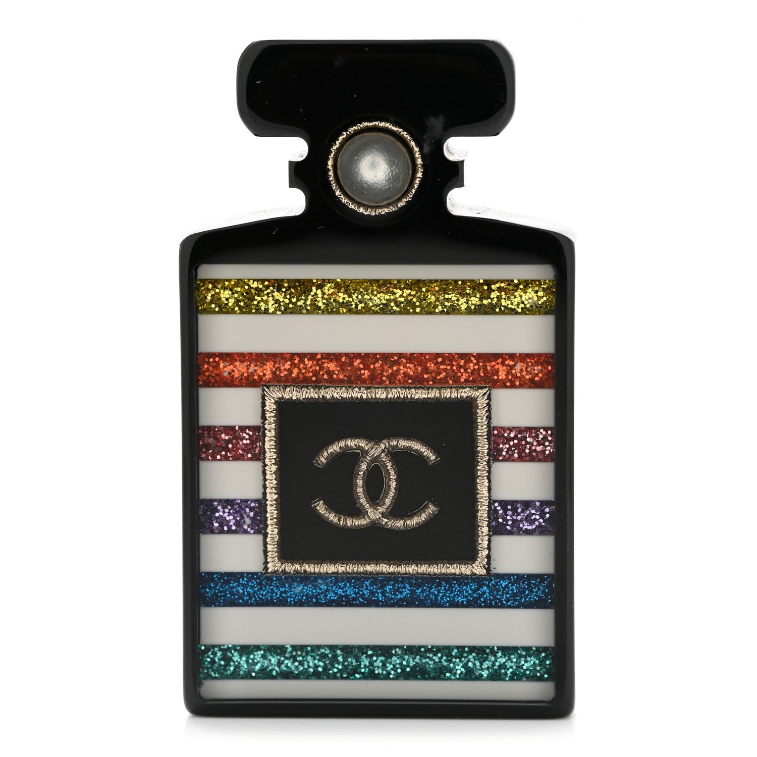 Chanel Resin Glitter Pearl Stripe CC Perfume Bottle Brooch Black Multicolor 1 of 4
