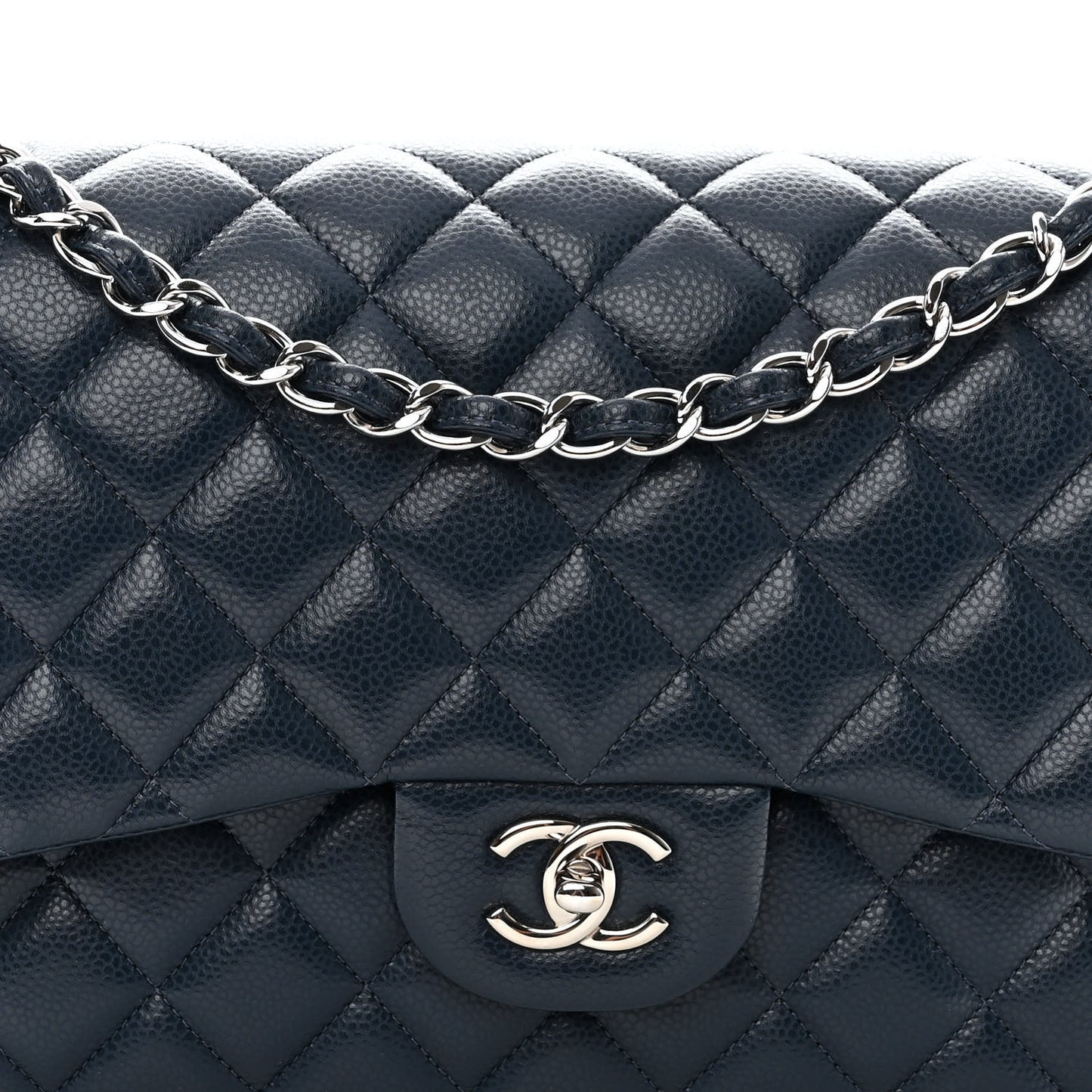 Caviar Quilted Jumbo Double Flap Navy Blue