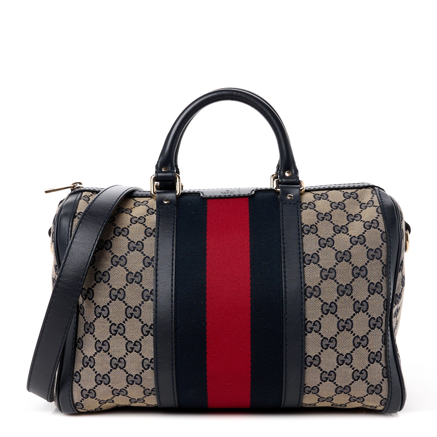 Gucci Monogram Selleria Calfskin Vintage Web Medium Boston Beige Blue 1 of 16