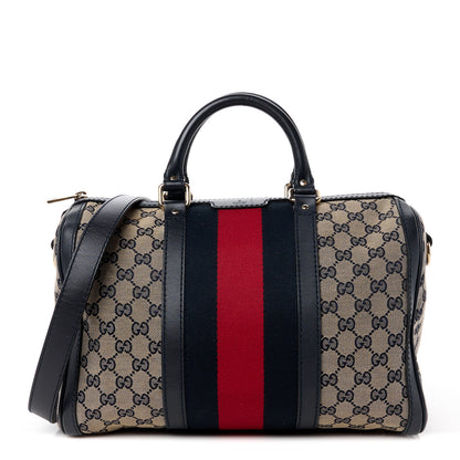 Gucci Monogram Selleria Calfskin Vintage Web Medium Boston Beige Blue 1 of 16