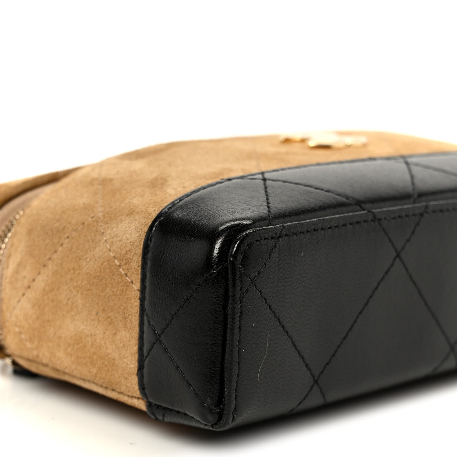 Chanel Suede Calfskin Shiny Lambskin Stitched Top Handle Slim Vanity Case With Chain Beige Black 9 of 10