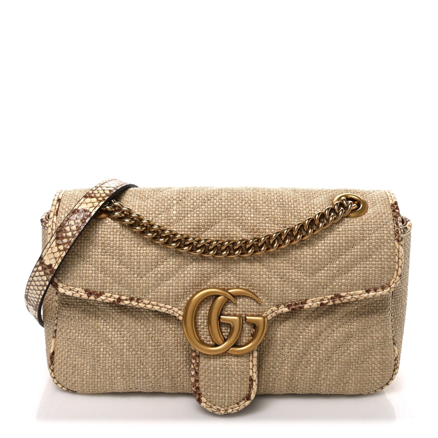 Gucci Raffia Elaphe Matelasse Small GG Marmont Shoulder Bag Natural Cream Brown 1 of 10