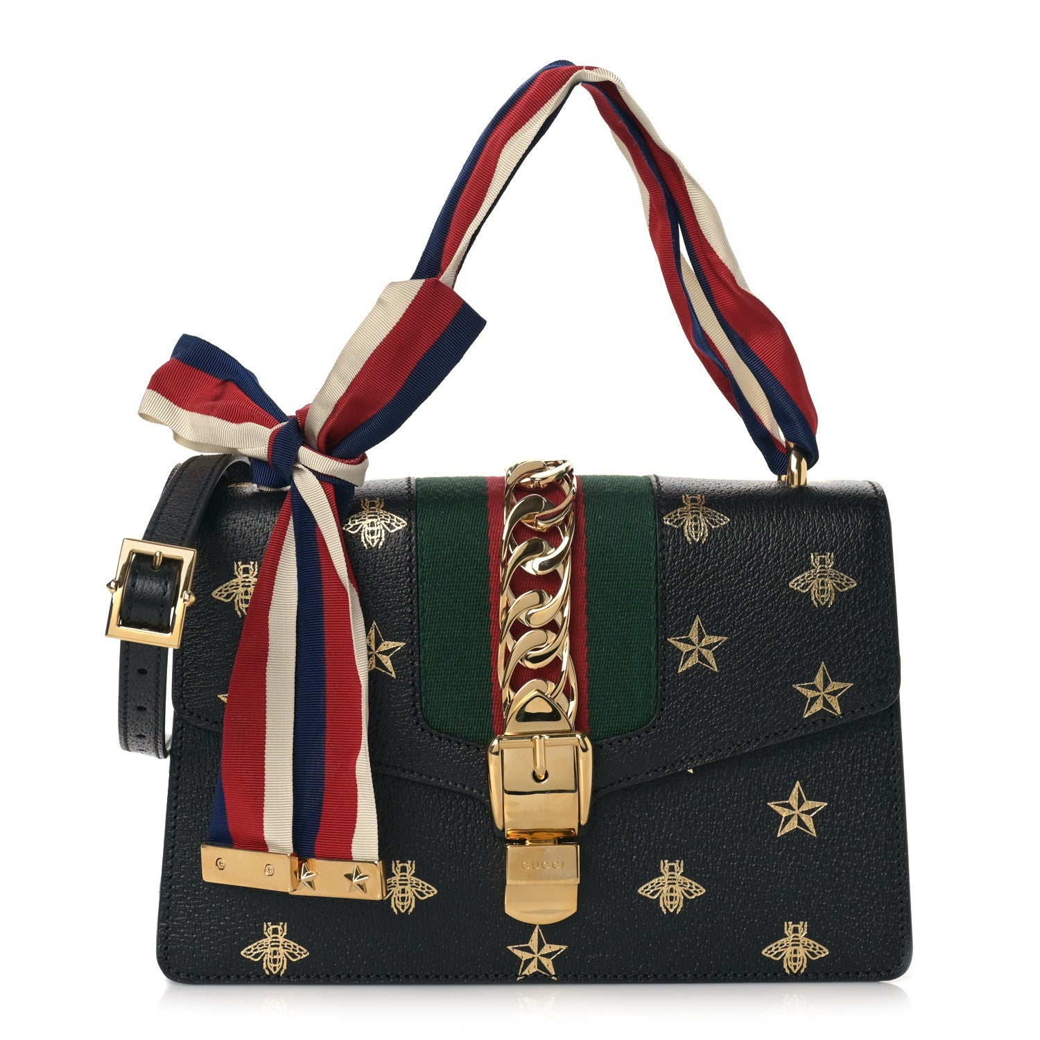Gucci Textured Calfskin Bee Star Print Small Sylvie Shoulder Bag Black 1 of 11