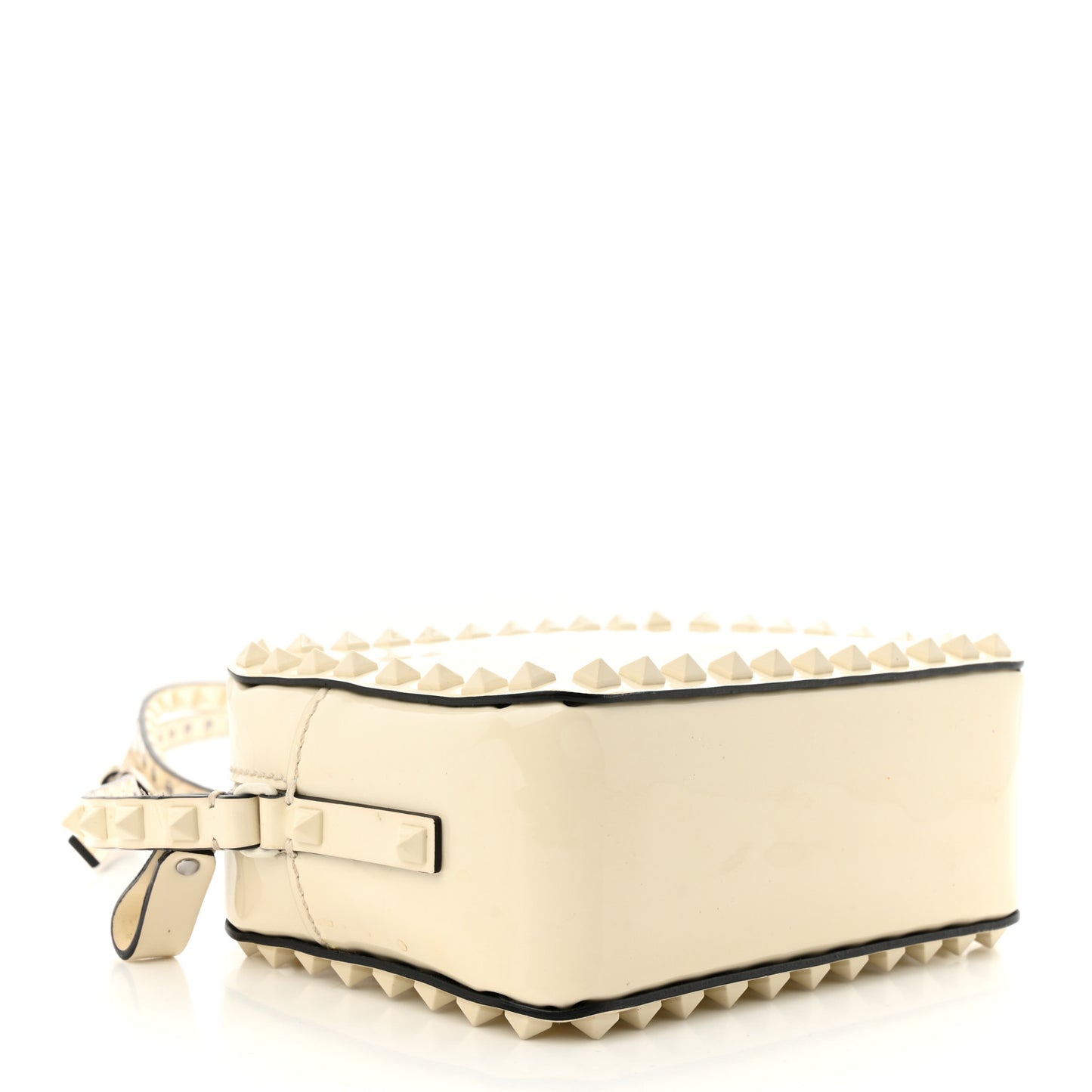 Patent Monochrome Rockstud Camera Crossbody Bag Ivory