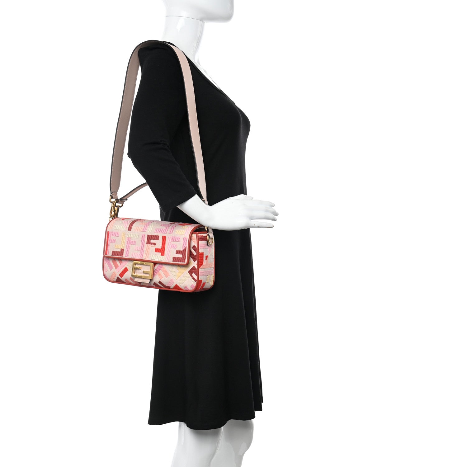 Fendi Canvas Vitello King FF Embroidered Baguette Rosa Quarzo Bloody Mary Multicolor 2 of 10