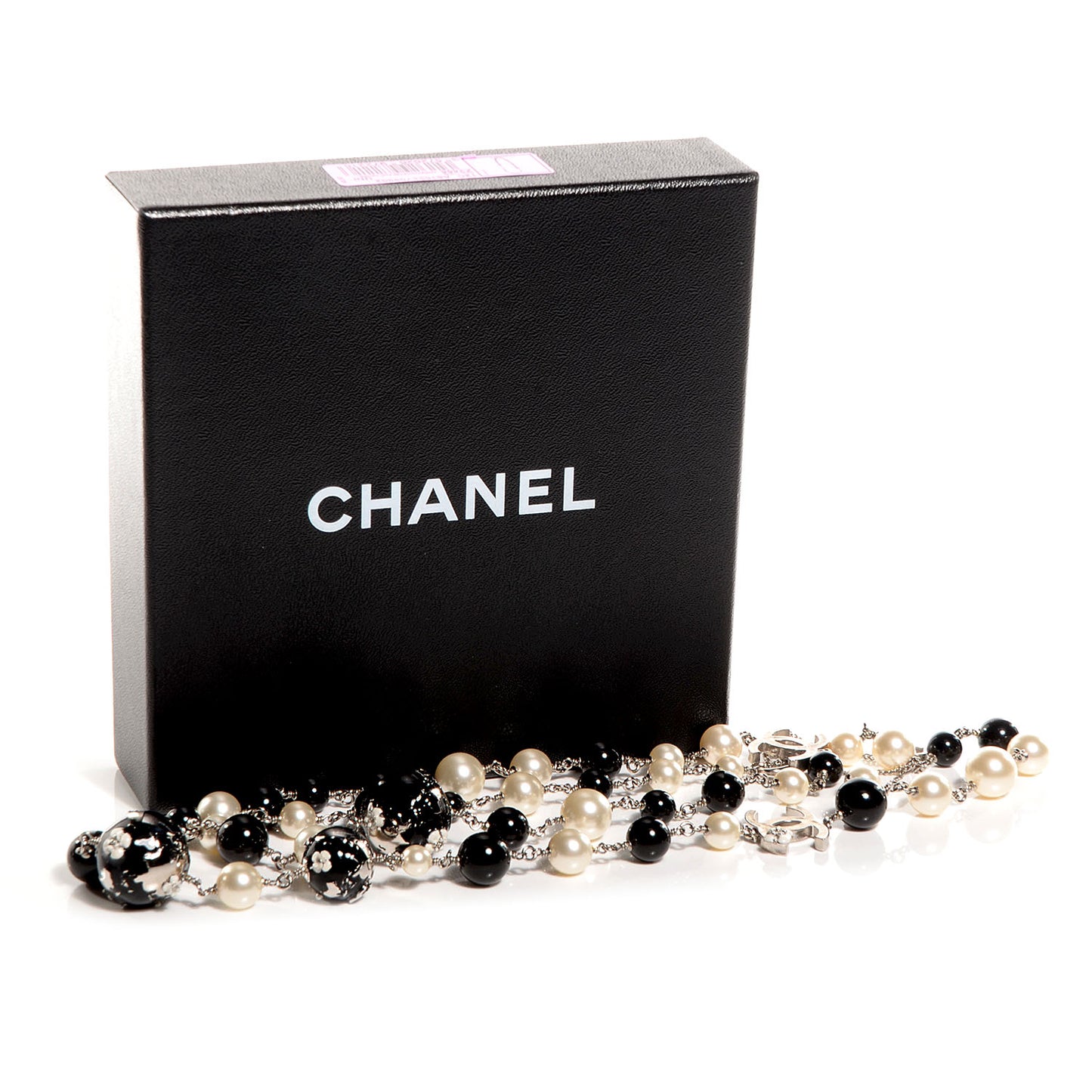 Beaded Globe Pearl CC Long Necklace Silver