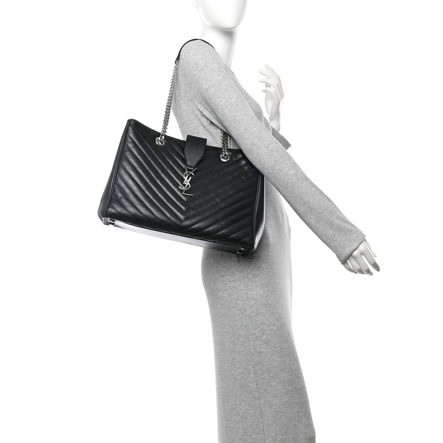 Smooth Calfskin Matelasse Chevron Large Monogram Shopping Bag Black