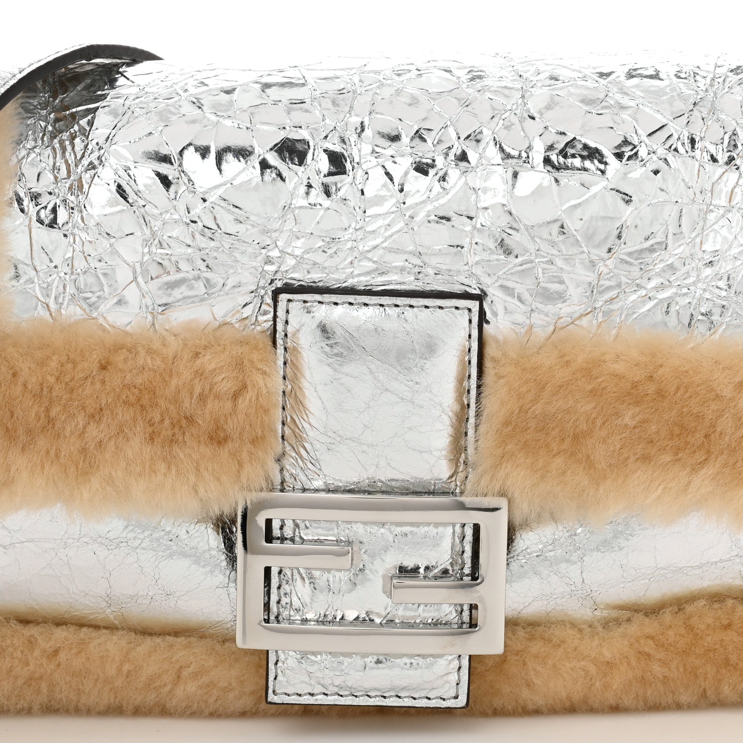 Fendi Craquele Lambskin Sheepskin Fur Baguette Argento 7 of 10