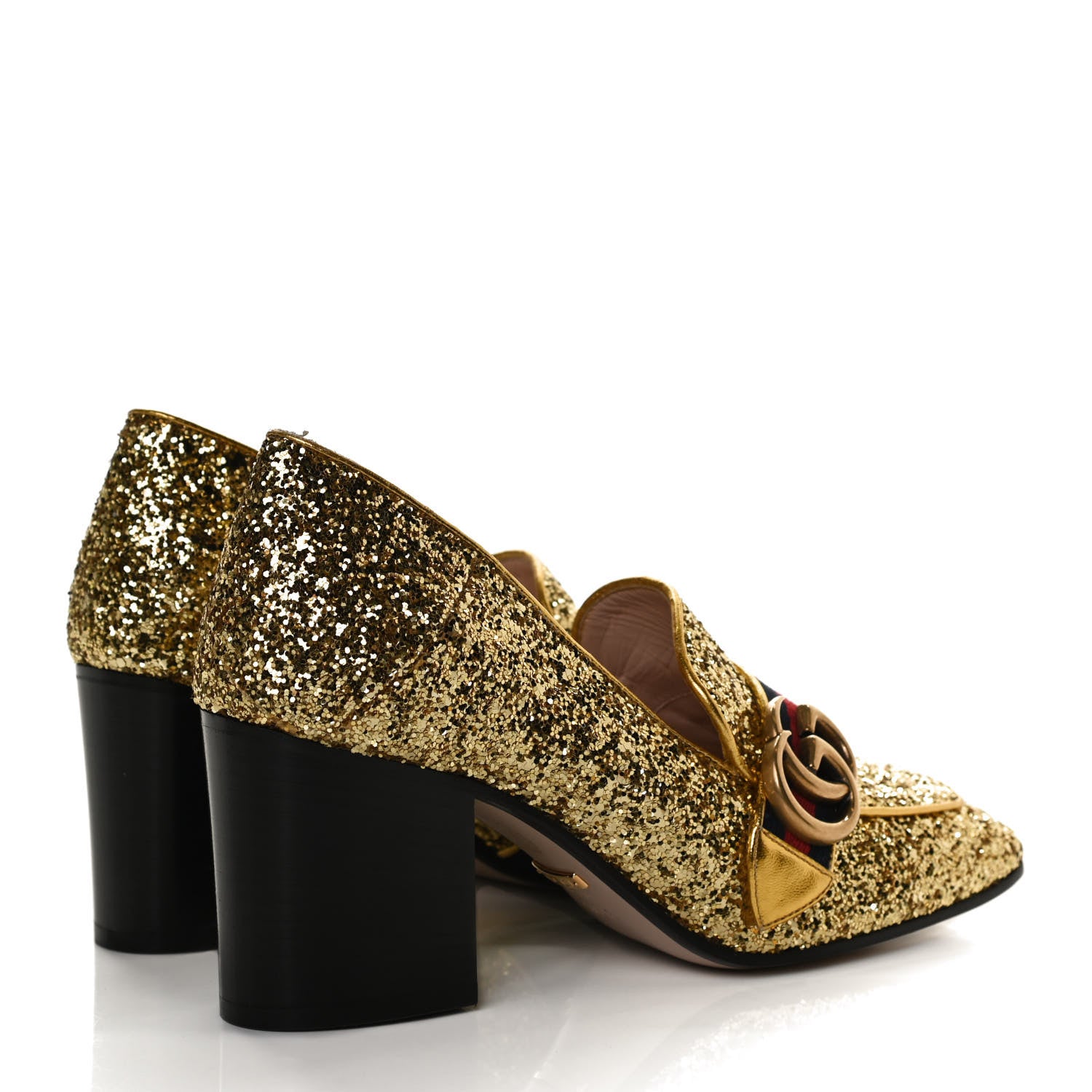 Gucci Glitter Nappa Web Peyton 75mm Loafer Pumps 36.5 Oro Vecchio 5 of 13