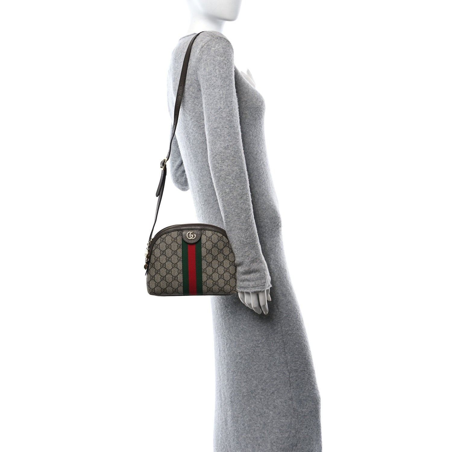 Gucci GG Supreme Monogram Textured Dollar Calfskin Web Small Ophidia Dome Shoulder Bag Beige Ebony New Acero 2 of 11
