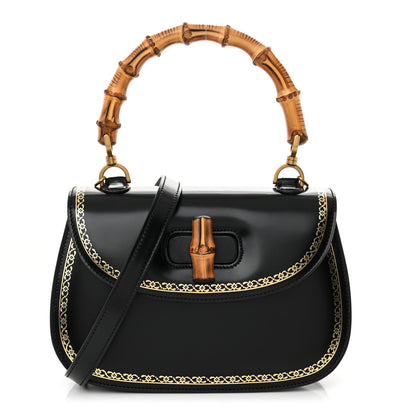 Gucci Calfskin Frame Print Bamboo Top Handle Bag Black 1 of 13