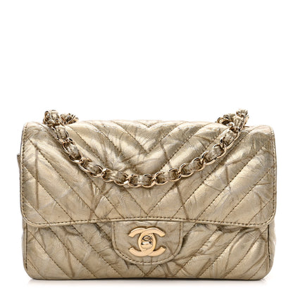 Chanel Patent Metallic Crumpled Calfskin Chevron Quilted Mini Rectangular Flap Gold 1 of 10