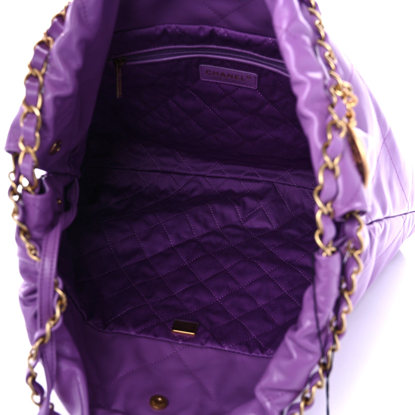 Shiny Calfskin Quilted Chanel 22 Drawstring Bag Purple