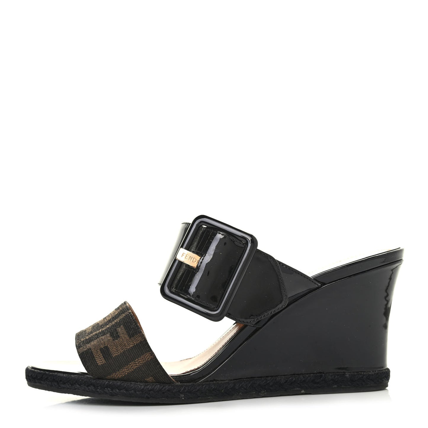 Patent Fabric FF Wedge Sandals 38 Tobacco Black