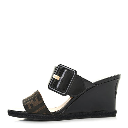 Fendi Patent Fabric FF Wedge Sandals 38 Tobacco Black 1 of 4